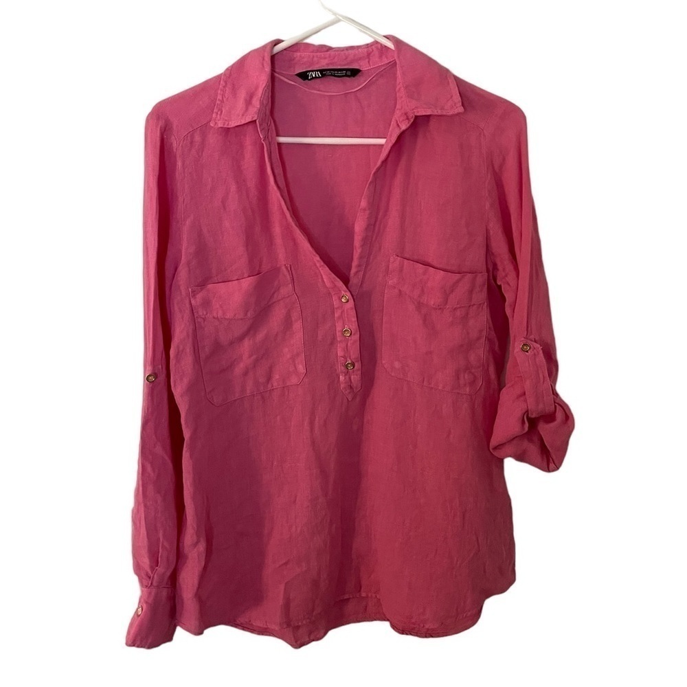 Zara 100% Linen Popover Pink Long Sleeve Shirt XS